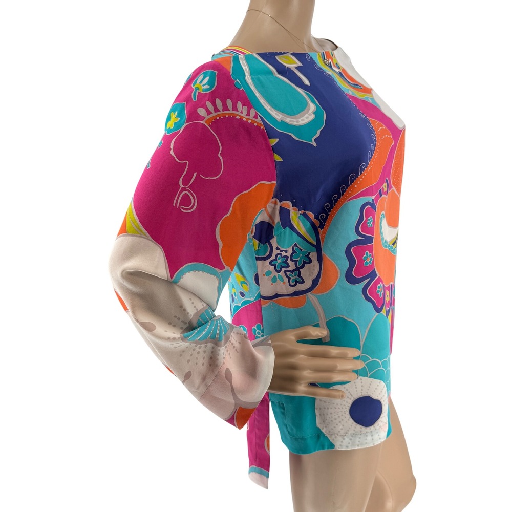 Trina Turk Silk Blouse Womens Medium Multicolored Floral Boat Neck Top - Picture 5 of 16